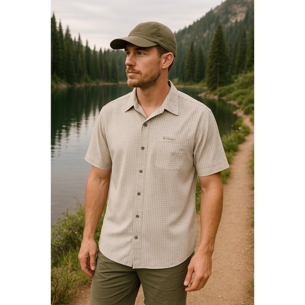 Columbia Shirt Men Extra Large Beige Plaid Button-Up Omni Shade Casual Broken in